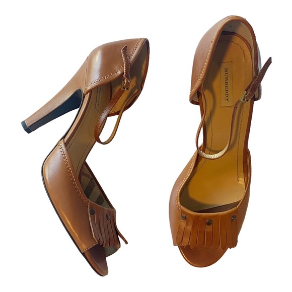 Burberry Kiltie Fringe Heel Ankle Strap Peep Toe Tan/Camel Leather Preppy Sz 40 - Picture 2 of 10
